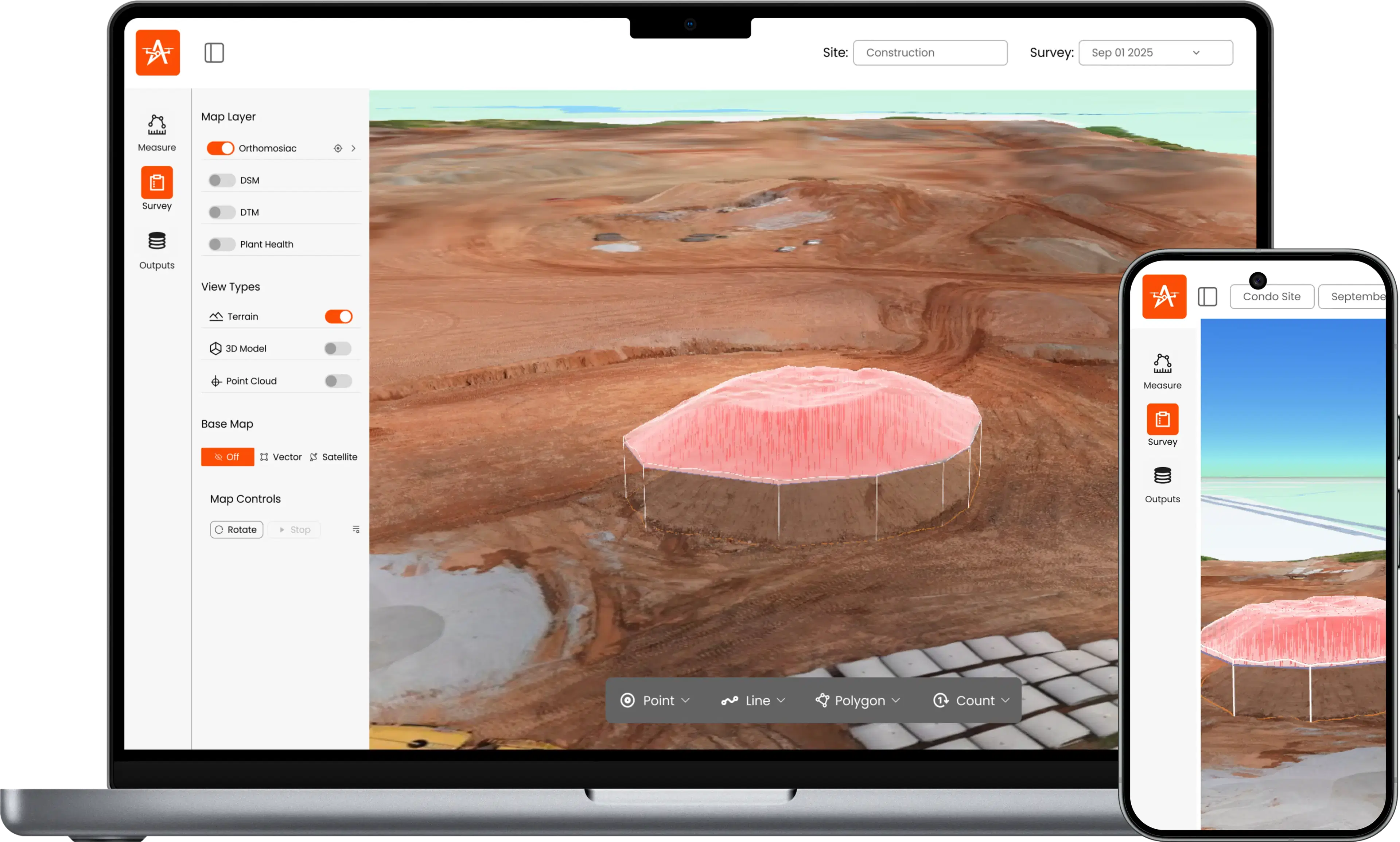 The Aeroyantra platform on a laptop and phone: a 3D terrain model of a construction site with a stockpile volume measured, plus orthomosaic, DSM and point cloud layers