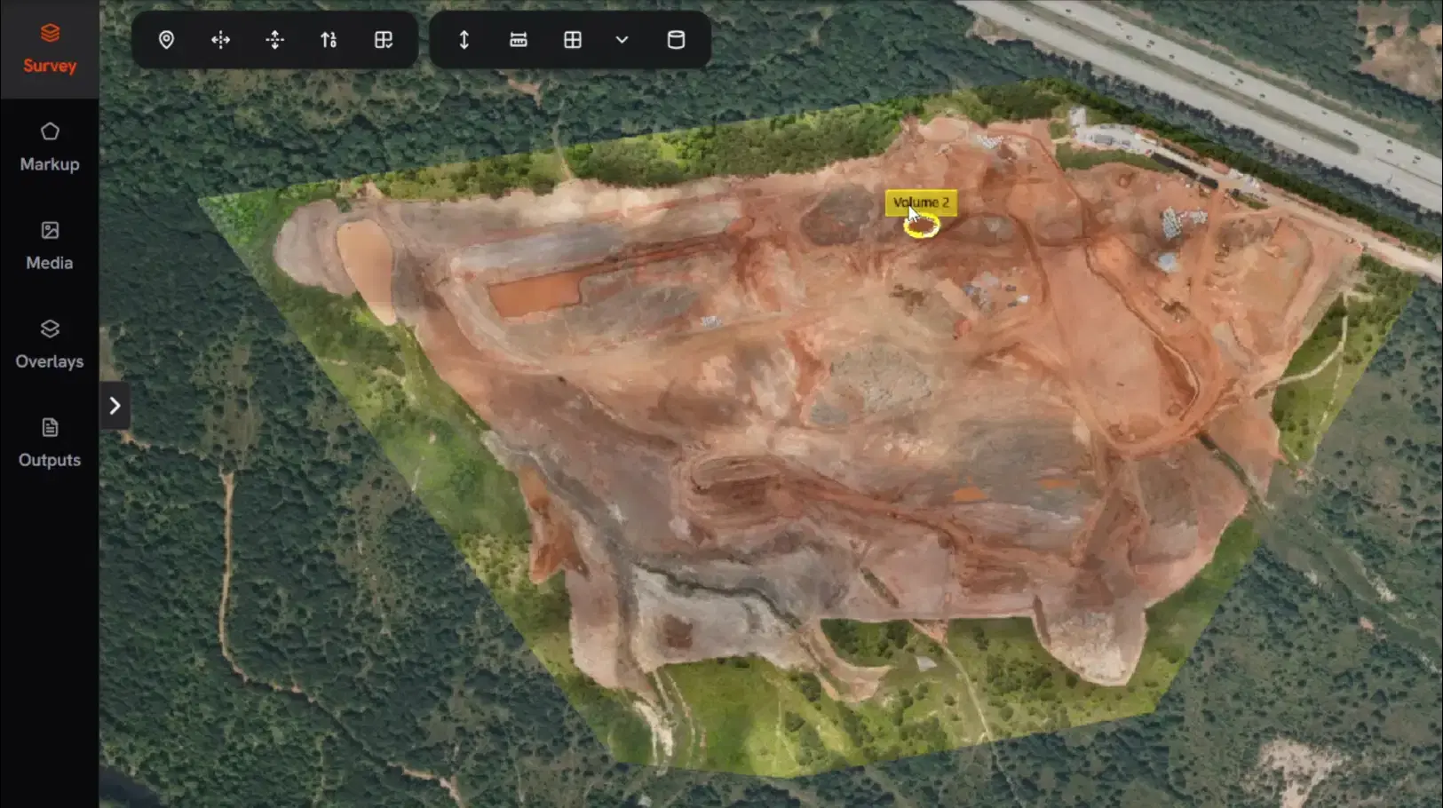 An orthomosaic of a quarry built from drone images in the Aeroyantra viewer, over satellite imagery