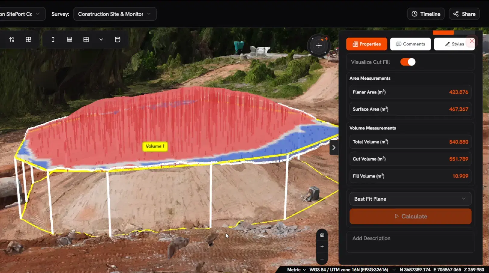 A stockpile measured on a 3D model in Aeroyantra, showing planar area, surface area and cut/fill volumes in a side panel